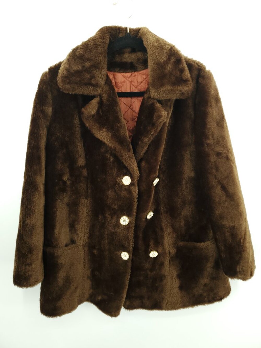 Vintage Sears Fashions Brown Faux Fur Quilted Coat with Pearl Rhinestone Buttons